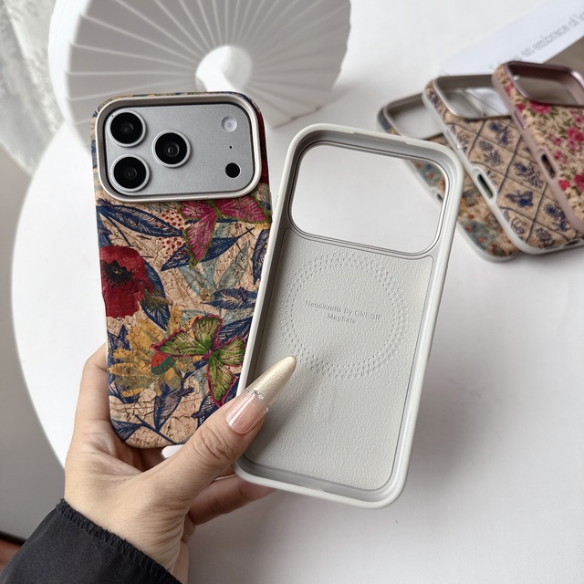 Customization New Cork Retro Flower Wireless Charge Magnetic Shockproof 360 Protection Lens Protection for 17 Pro Max 18 Fold