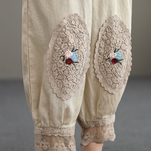 Harem Pants Cotton Linen Cropped With Lace Embroidery Floral Applique Women's Casual Pants Mid Waist Breathable Summer Style - Product Image 3