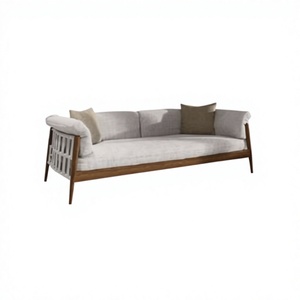 Midcentury Modern Three Seat <b>Sofa</b> With Wooden Frame Fabric Upholstery Rolled Arms Loose Back Living Room Furniture - Product Image 1