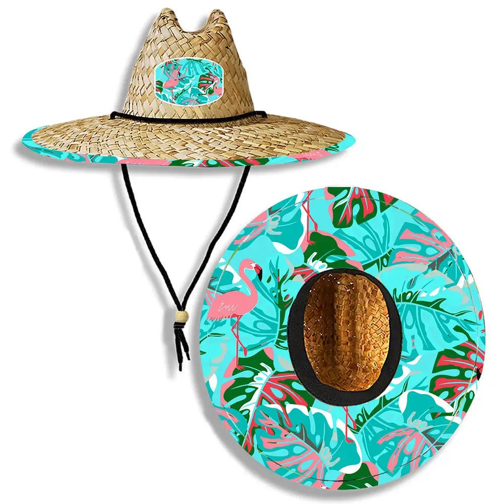 Goldenway Factory Customized Braid Straw Hat With Underbrim Printing Unisex Outdoor Beach Lifeguard Natural Grass Hats
