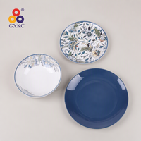 Assiettes à dîner en céramique imprimée florale Lot de 4 assiettes modernes en grès bleu Vaisselle élégante pour la maison et le restaurant