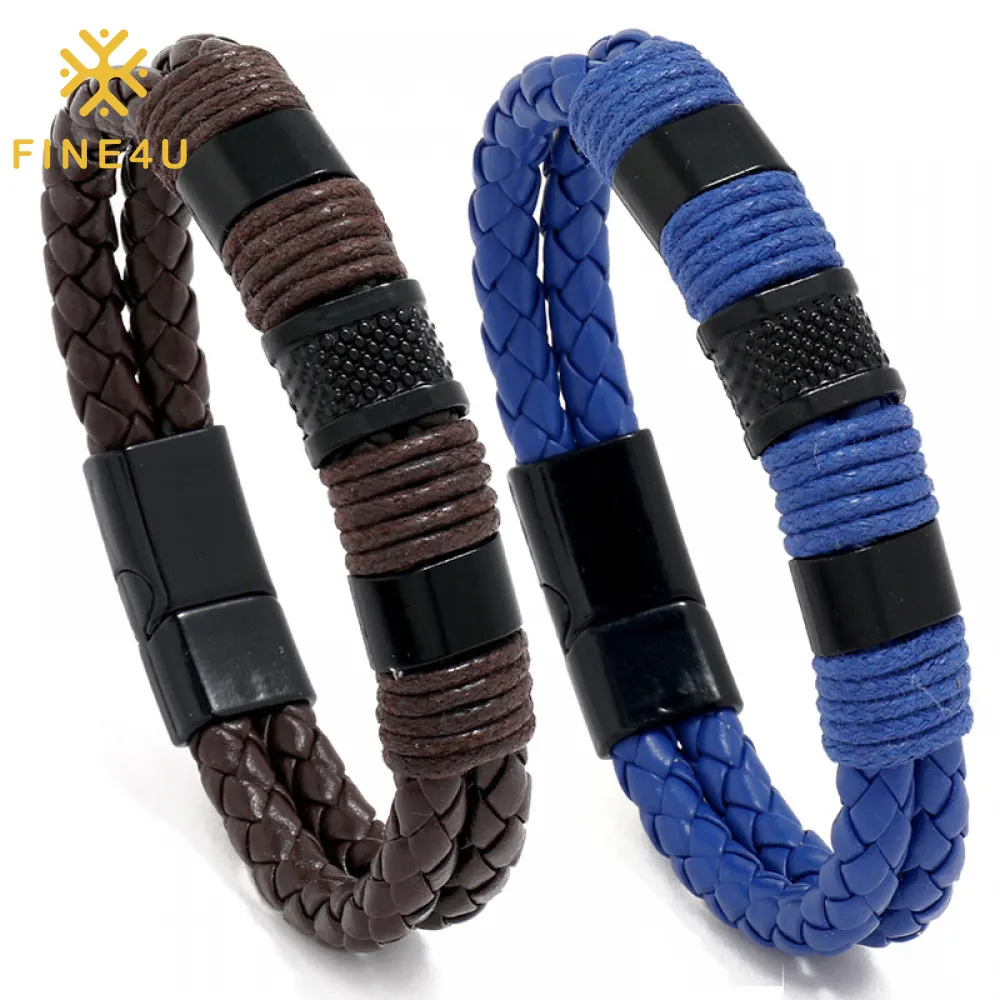 Fashion Wholesale Male Jewelry Magnetic Snap Layered PU String Brown Men Braided Leather Bracelet