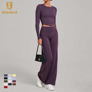 Pantaloni a gamba dritta Casual in tinta unita e traspirante Yoga a forma di V <span class=keywords><strong>magliette</strong></span> sportive ad asciugatura rapida per lo Yoga da <span class=keywords><strong>donna</strong></span> set di due pezzi per il <span class=keywords><strong>Fitness</strong></span> - Product Image 3