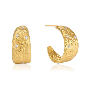 Boucles d'oreilles créoles Jeding originales en acier inoxydable plaqué or 18 carats, motif floral sculpté avec zircon, design de niche, ne ternissent pas, pour le marché international - Product Image 5