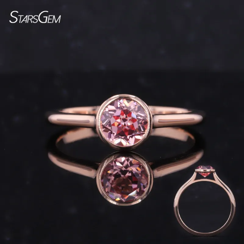 Starsgem 10K Rose Gold Solitaire 1ct Bezel Setting Round Cut Padparadscha Color Lab Grown Sapphire Gemstone Engagement Ring