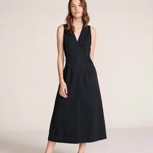 Vestidos de mezclilla para mujer, cuello en V, sin mangas, casuales, talla grande, línea A, midi, cintura alta, vestidos largos de verano con cinturón. - Product Image 1
