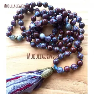 MN11082 Natural Gemstone Labradorite Fire Agate 108 Mala Beads Hand Knotted Sari Silk Tassel Necklace Spiritual Yoga Jewelry