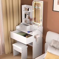 Ensemble de coiffeuse moderne en bois blanc durable avec 3 tiroirs, miroir LED, loupe 3X/5X et tabouret pour chambre à coucher - Vente en gros