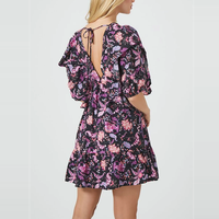 Shu Yan Robe évasée auto-nouée à manches bouffantes et à col en V pour femmes Mini robe imprimée à fleurs