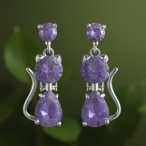 Orecchini pendenti E3829 con gatto in ametista, montatura a griffe in argento 925, design simpatico a forma di animale, gioielli da donna per tutti i giorni - Product Image 2