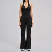 Stelan Yoga Wanita Ramah Lingkungan, Bahan Bernapas, Polos, Pendek, Slim Fit, Seksi, Tanpa Punggung, Off-Shoulder, Atasan Vest, Celana Flare 2-Piece