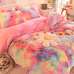 Home Rainbow Color Faux Fur Velvet <strong>Fluffy</strong> Plush Velvet Bedding Set 4-Piece King Size Warm <strong>Bed</strong> Sheet <strong>Cover</strong> for Hotels - Product Image 2