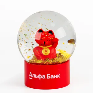 맞춤형 행운의 고양이 스노우 글로브 수지 장식품 개인화 된 가정 장식 유리 선물 귀여운 애니메이션 크리스탈 볼 기념품