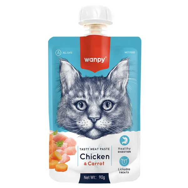 Wanpy Tasty Meat Paste Cat Treat10 pezzi pollo fresco con carota per gatti di tutte le dimensioni trattare 90 gr cibo umido