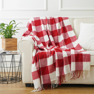 Soft <strong>Throw</strong> Checkered Wool Blanket Tassel Cozy <strong>Throw</strong> Blanket Woven <strong>Red</strong> White Black Plaid Shawl with Tassels for Women - Product Image 6