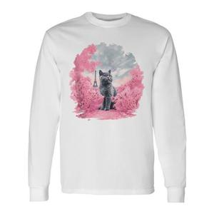 Simpatica maglietta a maniche lunghe con gatto e fiori di ciliegio a Parigi - Product Image 1