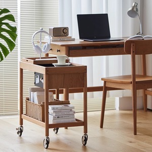 Table basse scandinave en bois massif de cerisier, chariot mobile avec roulettes pour salon - Product Image 3