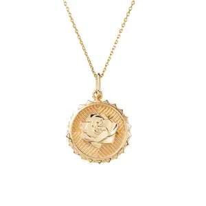 独特设计925纯银玫瑰花图案圆形硬币魅力吊坠项链