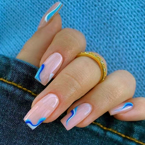 24 Uñas Postizas Cuadradas Medianas con Diseño de Ondas Azules, Uñas Artificiales Reutilizables en <span class=keywords><strong>Rosa</strong></span> Nude con Pestañas Adhesivas - Product Image 5