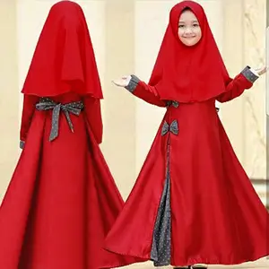 Pasokan limano 2024 anak-anak abaya lengan panjang leher bulat warna solid gaun busur + jilbab abaya untuk anak perempuan