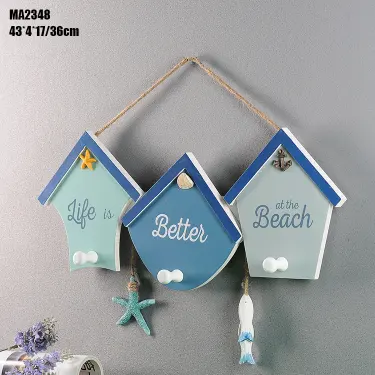 HOYE CRAFTS Cute Blue House Shape Wooden Hooks Wall Wood Hanging Hooks Wall Ornament Decoration