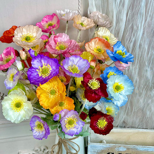 Fleur artificielle en soie à quatre têtes, motif pavot floqué, réaliste, pour décoration de mariage et d'intérieur, fleur en plastique pour art floral - Product Image 1