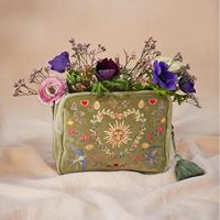 Sac de rangement portable en velours pour pinceaux de maquillage et cosmétiques, motif déesse du soleil brodé, avec fermeture éclair dorée