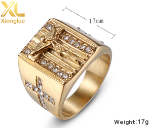 Anillo Religioso de Cruz de Jesús para Hombre, Chapado en Oro de 18K, Acero Inoxidable - Product Image 3
