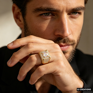 Bague de cocktail de luxe en or jaune avec diamants de laboratoire taille baguette sertis pavé, design géométrique, bijoux pour homme - Product Image 3