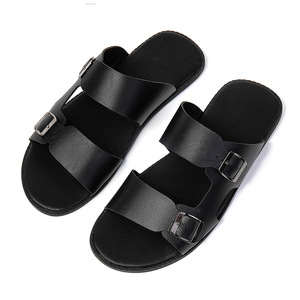 Men's Genuine Leather <b>Slide</b> Sandals Open Toe Buckle Strap Rubber Outsole Summer Casual Anti <b>Slip</b> Breathable Light Weight - Product Image 1