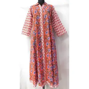 Frauen tragen Designer langes Kleid handgemachte Baumwolle Block gedruckt Patchwork lange indische Kurtis Tunika Abendkleid
