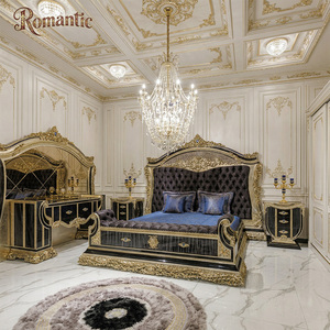 Ensemble de chambre à coucher de style turc de luxe, lit en bois sculpté noir et or doré avec <span class=keywords><strong>commode</strong></span> pour la décoration intérieure de villas royales et palais - Product Image 1