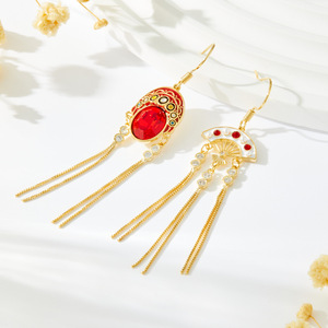 Chinese Style Peking Opera Mask Folding Fan Asymmetrical Tassel Drop Earrings Copper Alloy Gold Plated Party Jewelry - Product Image 4