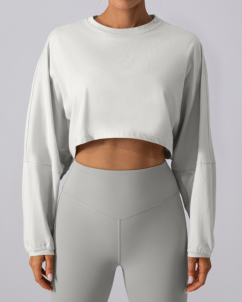 Women's Sports Round Neck Short Sweatshirt Tshirt Base Shirt Yoga Running Loose Long Sleeve Cropped Top