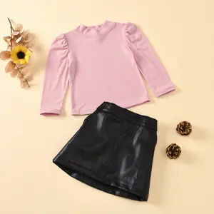 2020 Herfst Peuter Baby Meisje Kleding 2 Stuks Mode Katoen Lange Mouw Roze Tops Zwart Pu Mini Rok Kinderen Outfit set