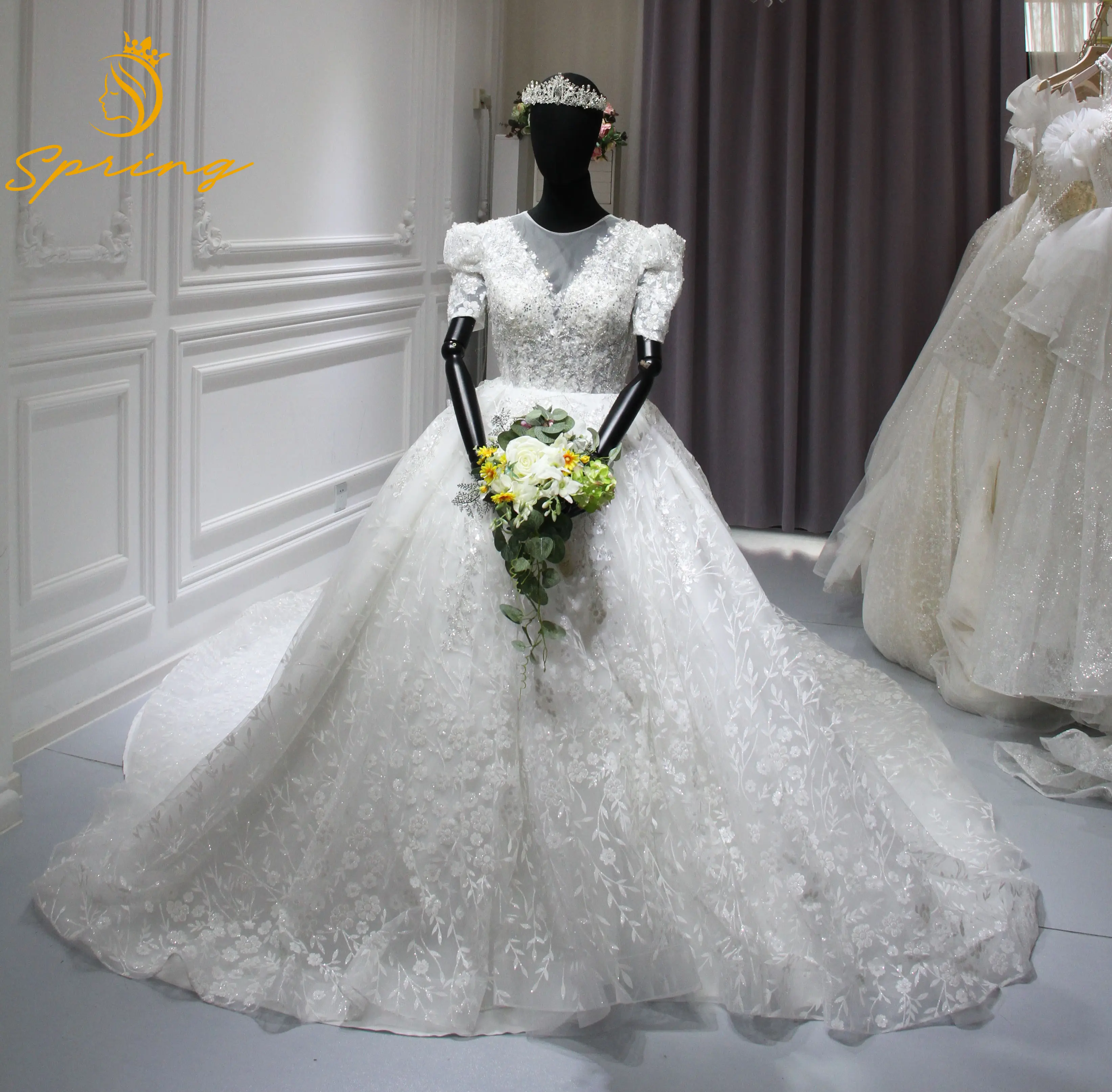S0441T Elegante Satin-förmige Schulter leuchte im böhmischen Stil Französisches Hochzeits hemd Einfache Braut Drachen Spitzen kleid Taille