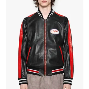 Wholesale custom design contrasting color regular fit zip up band collar men leather jacket