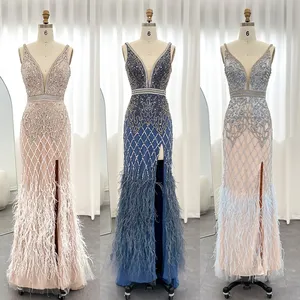 Luxury White Feathers Mermaid Blue Evening Dress For Women Wedding Party Sexy Side Slit Pink Prom Dresses Scz145-2