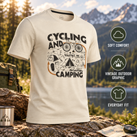 T-shirt graphique blanc tendance, imprimé cyclisme et camping, style décontracté urbain, pour la balade, le camping et l'exploration