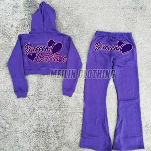 Custom Clothing Manufacturers Oversized French Terry pink Patch Rhinestone <b>Cropped</b> <b>Zip</b> <b>up</b> Hoodies Two Piece Women Sweatsuit Set - Product Image 4