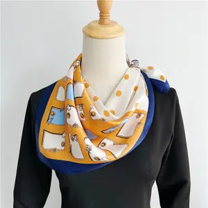 luxury 65*65cm Square scarf Custom LOGO Print yellow dot designs printing Satin Silk Scarf For Woman