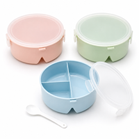 Boîte à lunch ronde en plastique PP de 890 ml, vente en gros OEM, avec 3 compartiments, couvercle transparent et cuillère, pour l'école, le bureau, les pique-niques