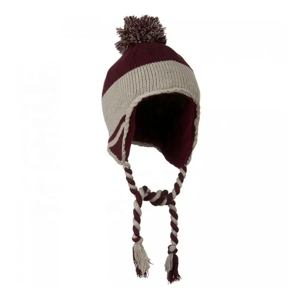 Peruanische Stil Stricken Ohr Klappe Ski Beanie Maroon Grau Baumwolle Acryl Pom-Pom Warme Winter Hut Großhandel