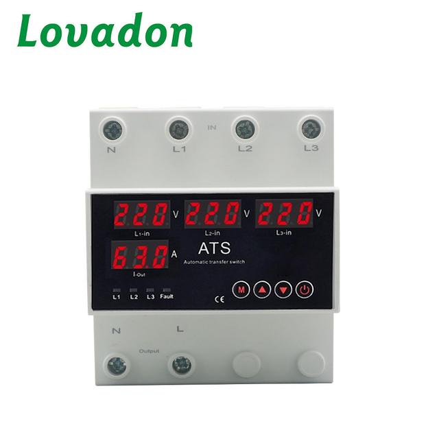 3 Phase Selector AC 63A Digital Voltage/Current Display Undervoltage Overcurrent Protection Automatic Transfer Switch