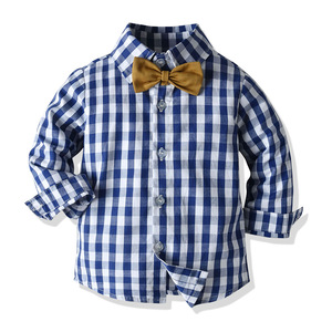 Enfants printemps automne chemise à manches longues Gentleman avec pantalon solide nœud bleu Plaid sangle garçon vêtements ensemble KBLS-017 - Product Image 3