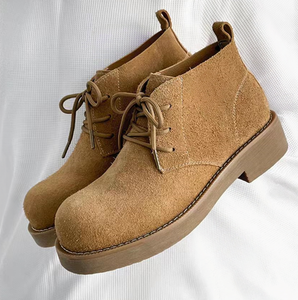 American classic distressed <b>matte</b> leather lace-up ankle boots with round toe thick heel and thick sole suitable for both casual - Product Image 1