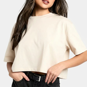 Women's <b>Cream</b> <b>Crop</b> <b>Top</b> T-Shirt Short Sleeve Crew Neck Loose Fit Solid Color Casual Style 100% Cotton =Fabric Spring Summer Wear - Product Image 1