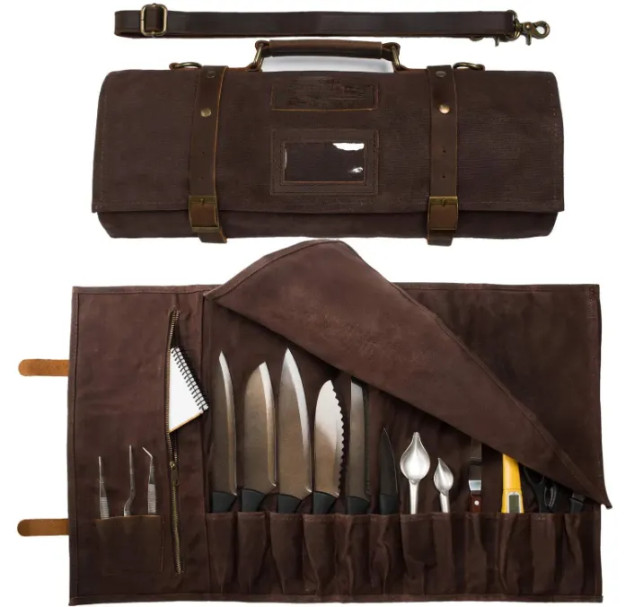 Waxed Canvas Knife Roll 15 Knife Slots Card Holder and Large Zippered Pocket Genuine Leather Cloth and Brass Buckles bag