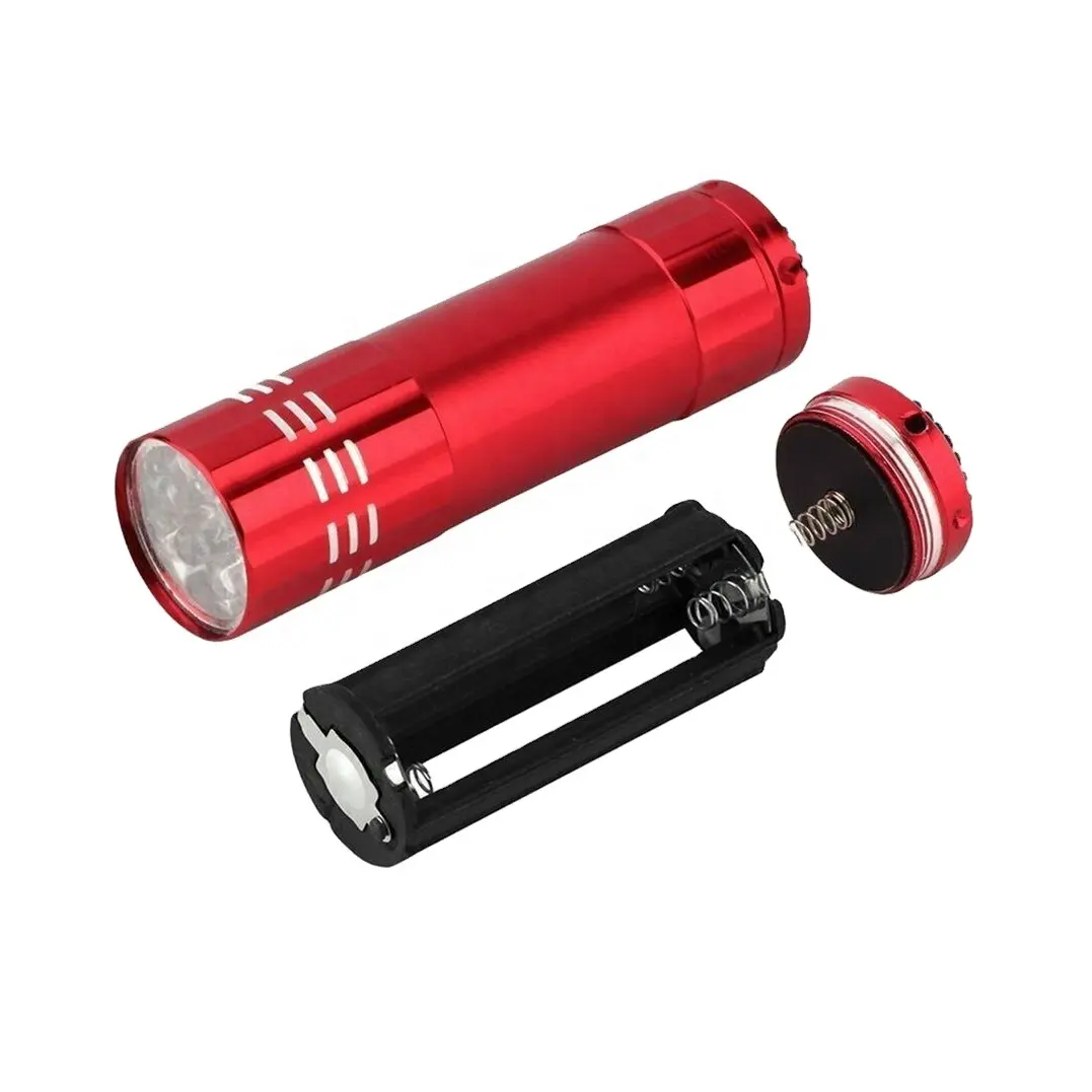 9 LED ขนาดเล็กสีแดงสีฟ้าอลูมิเนียมอัลลอย AAA แบตเตอรี่แห้งนำไฟฉายกระเป๋า