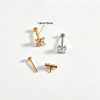 YW 18G Stainless Steel Heart Crown Butterfly CZ Top Internally Threaded Labret Piercing Flat Back Studs